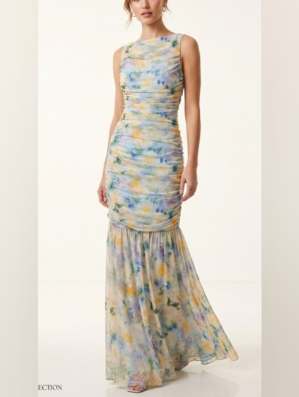 Elliatt Elise Mesh Ruched Maxi Dress Floral Blue Watercolor Size S